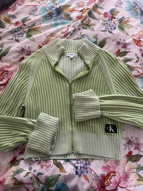 Calvin Klein Pistachio Ribbed Zip Cropped Sweater